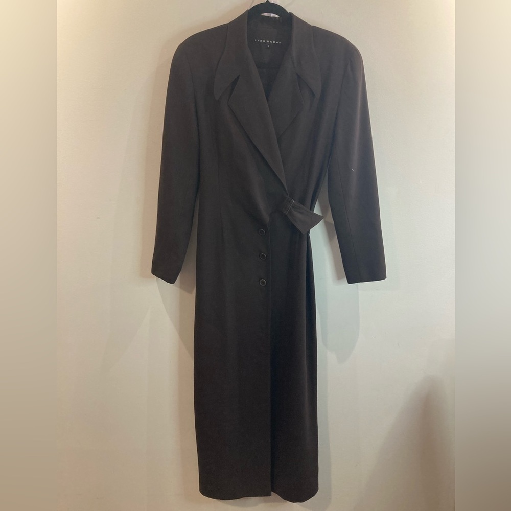 LIDA BADAY Sz 8 Lined True Wrap Dress with Buttons Buckle Closure Pointy Collar